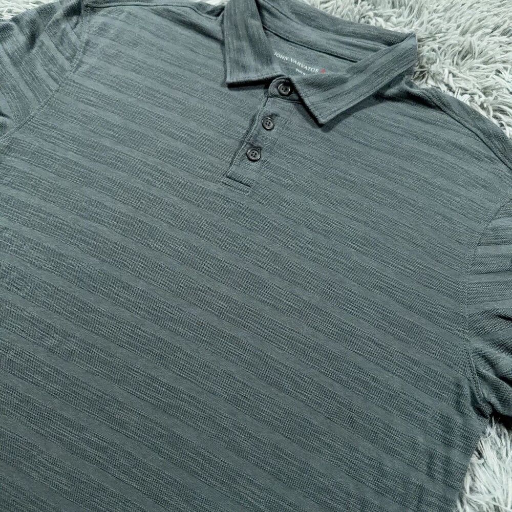 John Varvatos Shirt Medium Green Polo Striped Textured Variegated Soft Mens